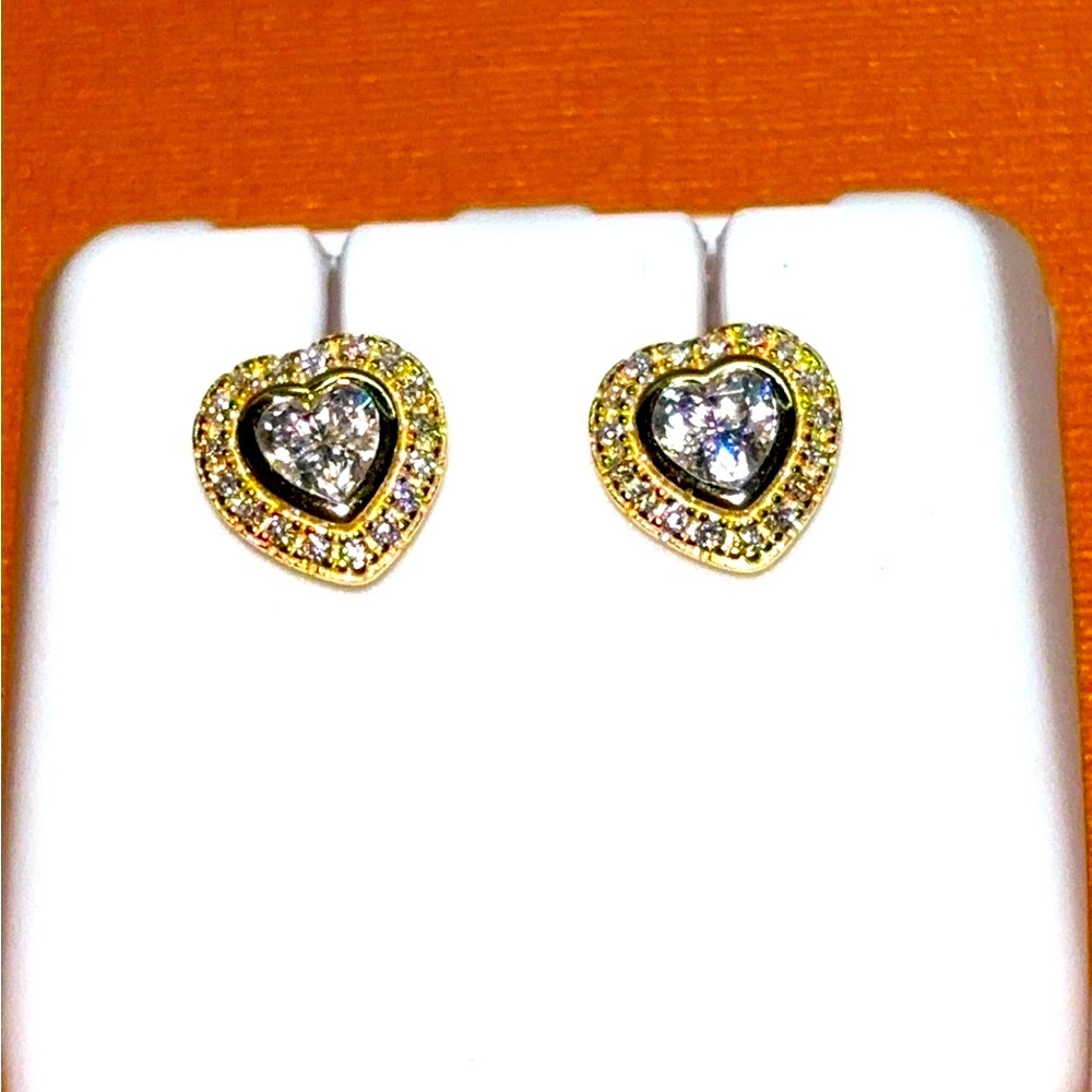 Gold Over Sterling Silver Moissanite Heart Earrings with Sparkling Crystals!
